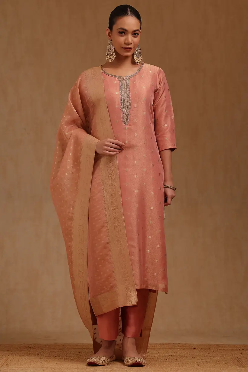 Peach Organza Zari Woven Suit Set With Cutdana